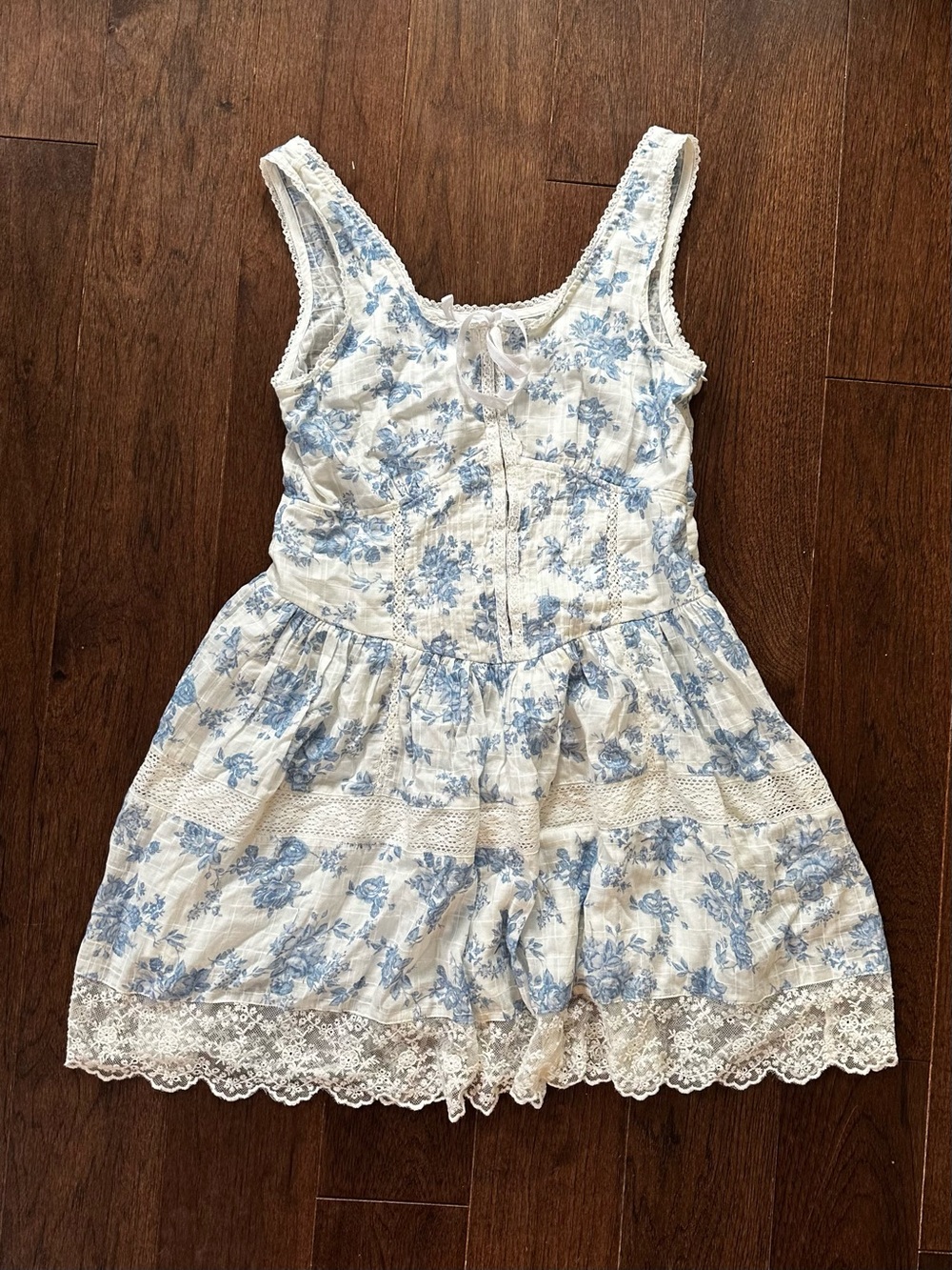 White Mini Dress with Light Blue Floral Print and Lace Trim